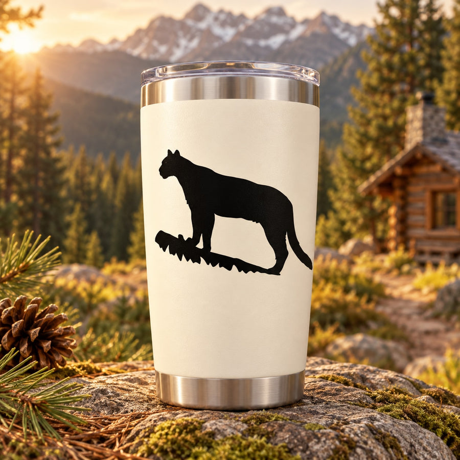 Black cougar silhouette decal for tumbler, with paw-print detail
