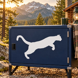 Jumping cougar vinyl decal, white cougar silhouette on dark background