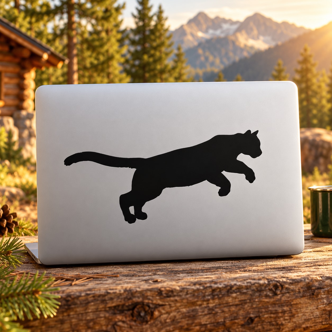 Pouncing cougar decal with black silhouette on a light background