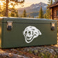 White fierce cougar head decal on green storage case front