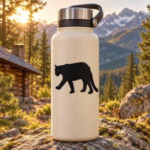 Cream water bottle with black cougar decal and handle lid