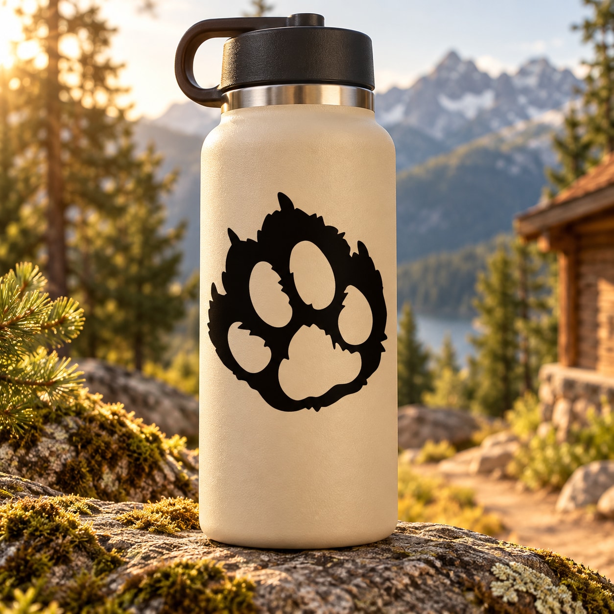 Beige water bottle with black cougar paw decal