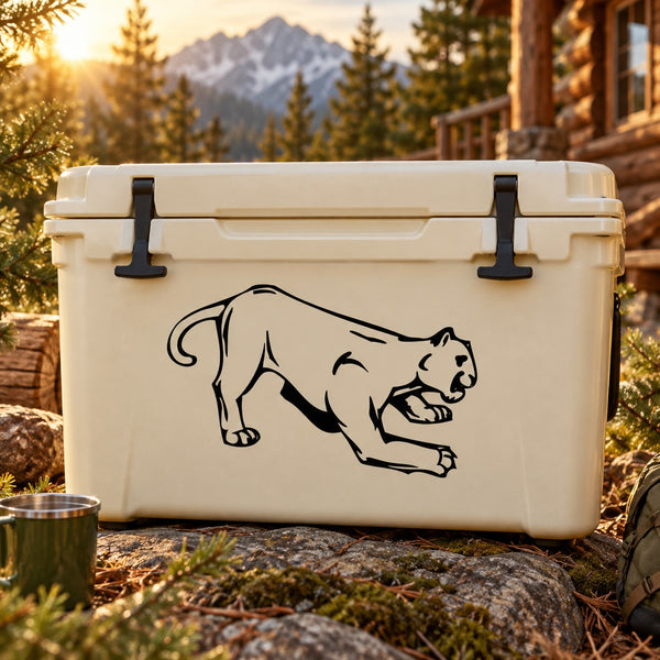 Cougar scratching decal on a light-colored cooler with black cougar graphic