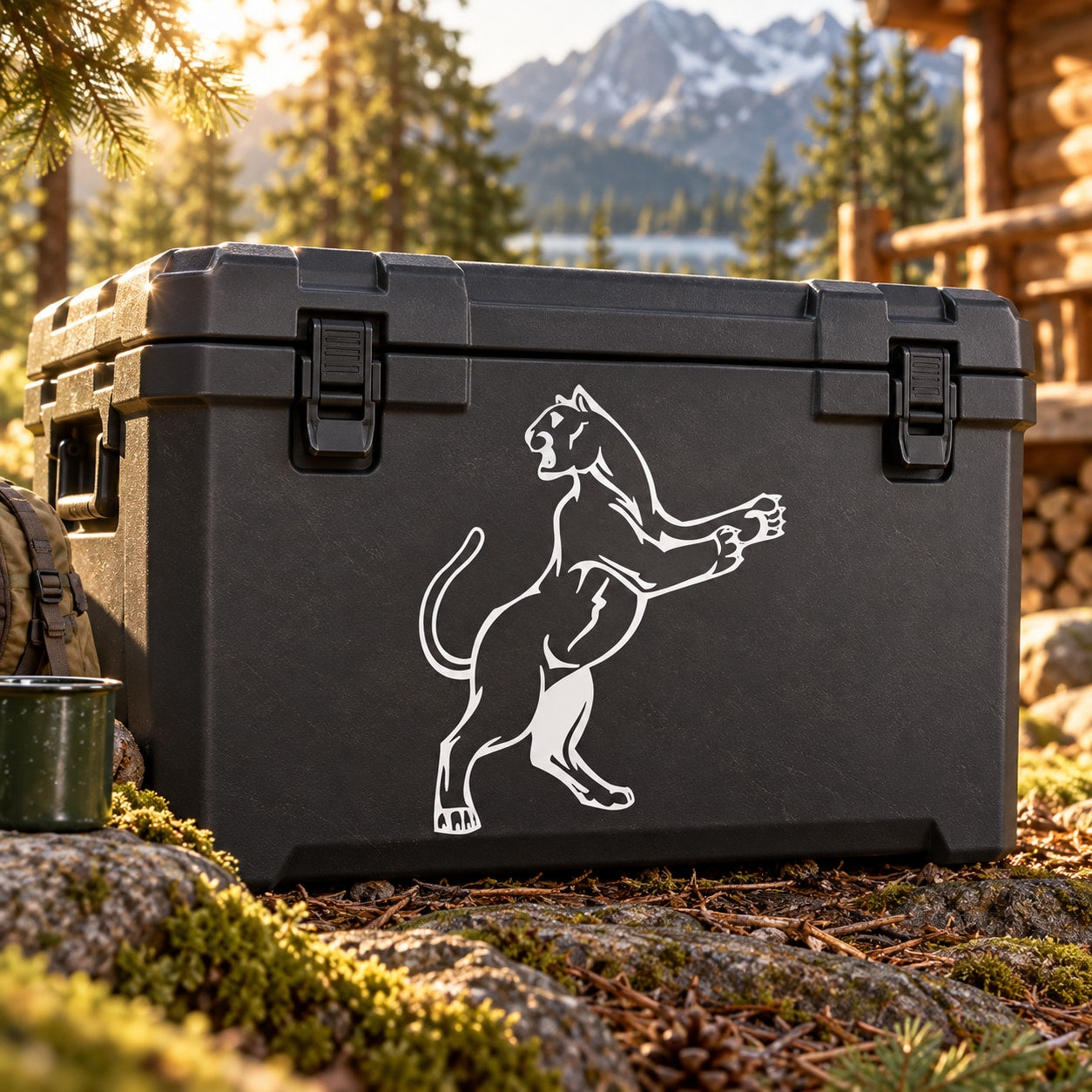 Standing cougar animal decal sticker, white outline on dark background