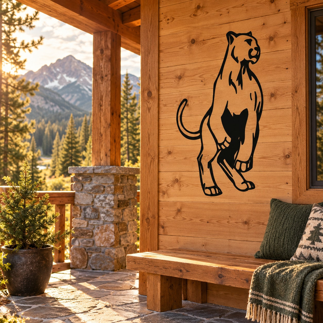 Cougar attacking standing wall decal in black outline
