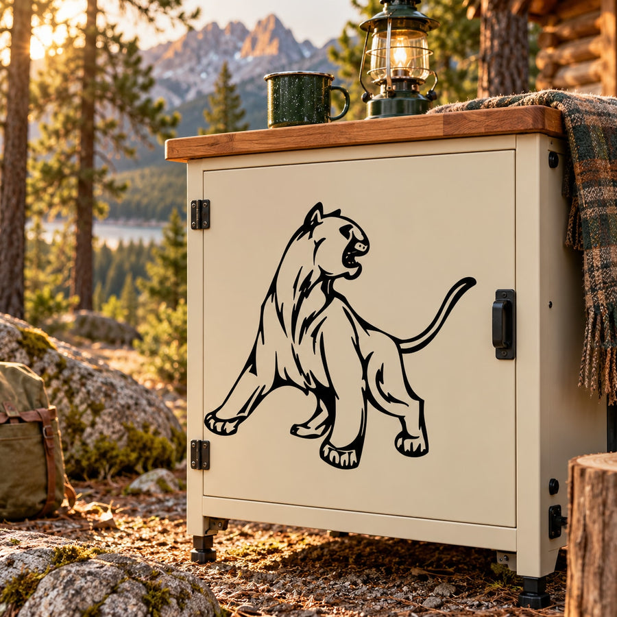 Territorial cougar decal sticker in black outline on cabinet door