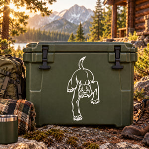 White defensive cougar head decal in bold outline for outdoor gear