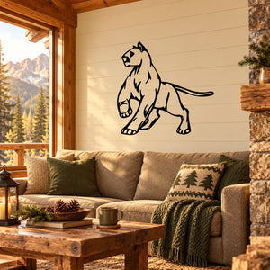Black line-art cougar decal, paw raised and tail curled.