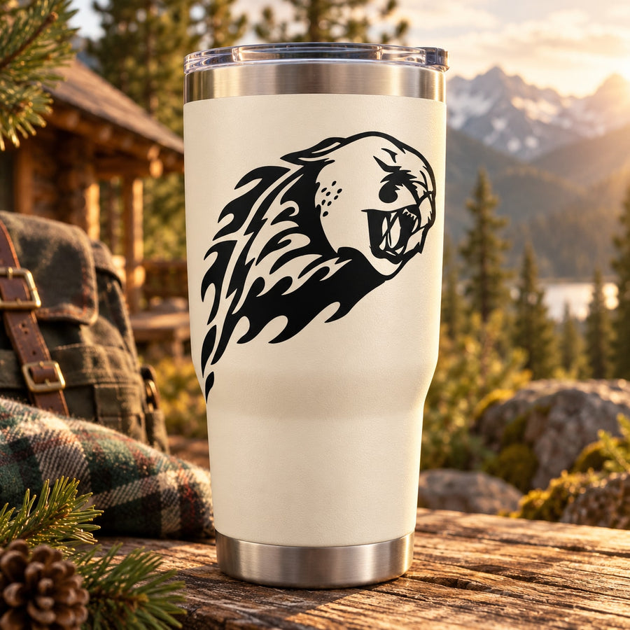 Stainless steel tumbler with black blazing cougar head decal