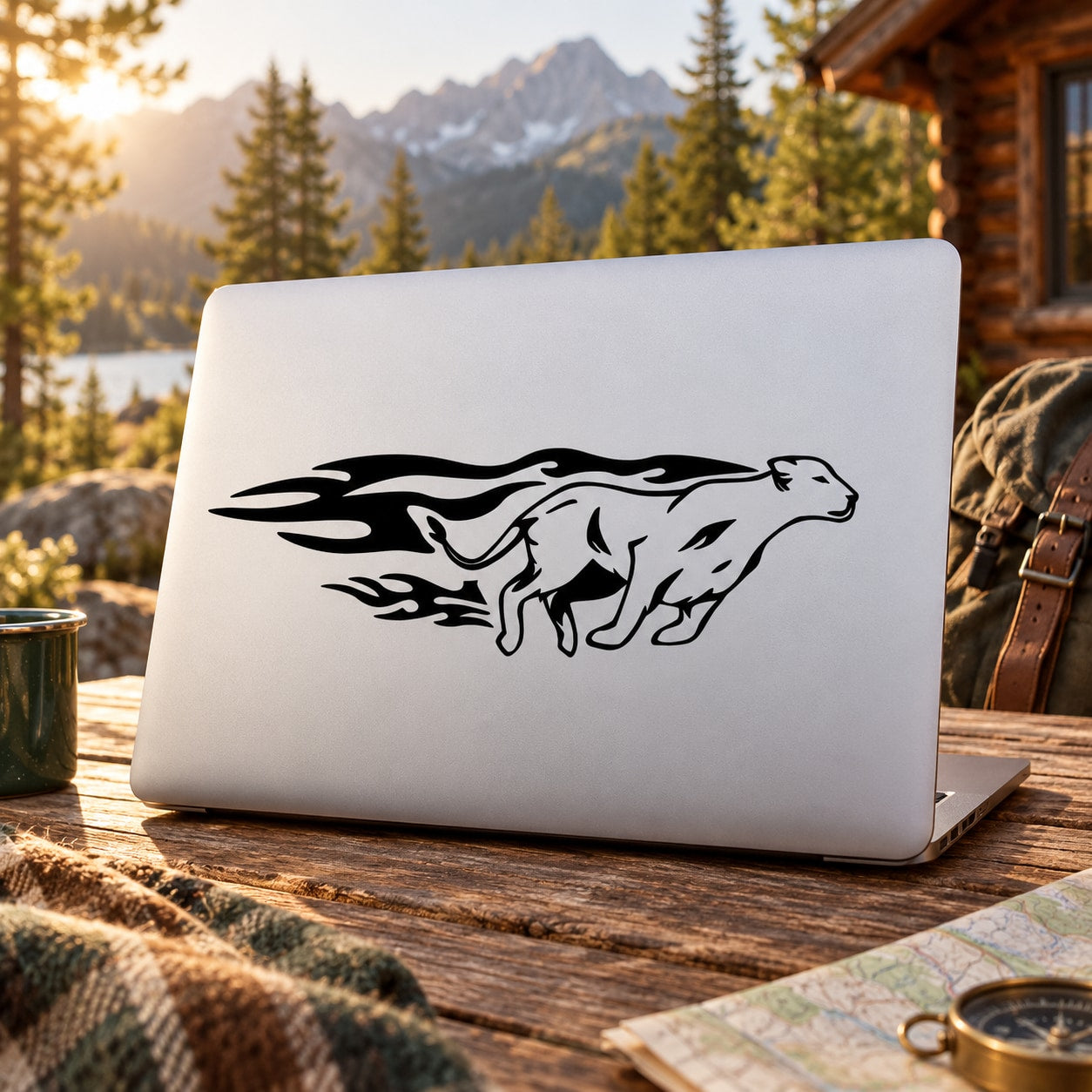 Running cougar decal graphic with black outline on light surface