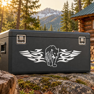 Winged cougar emblem decal on black surface