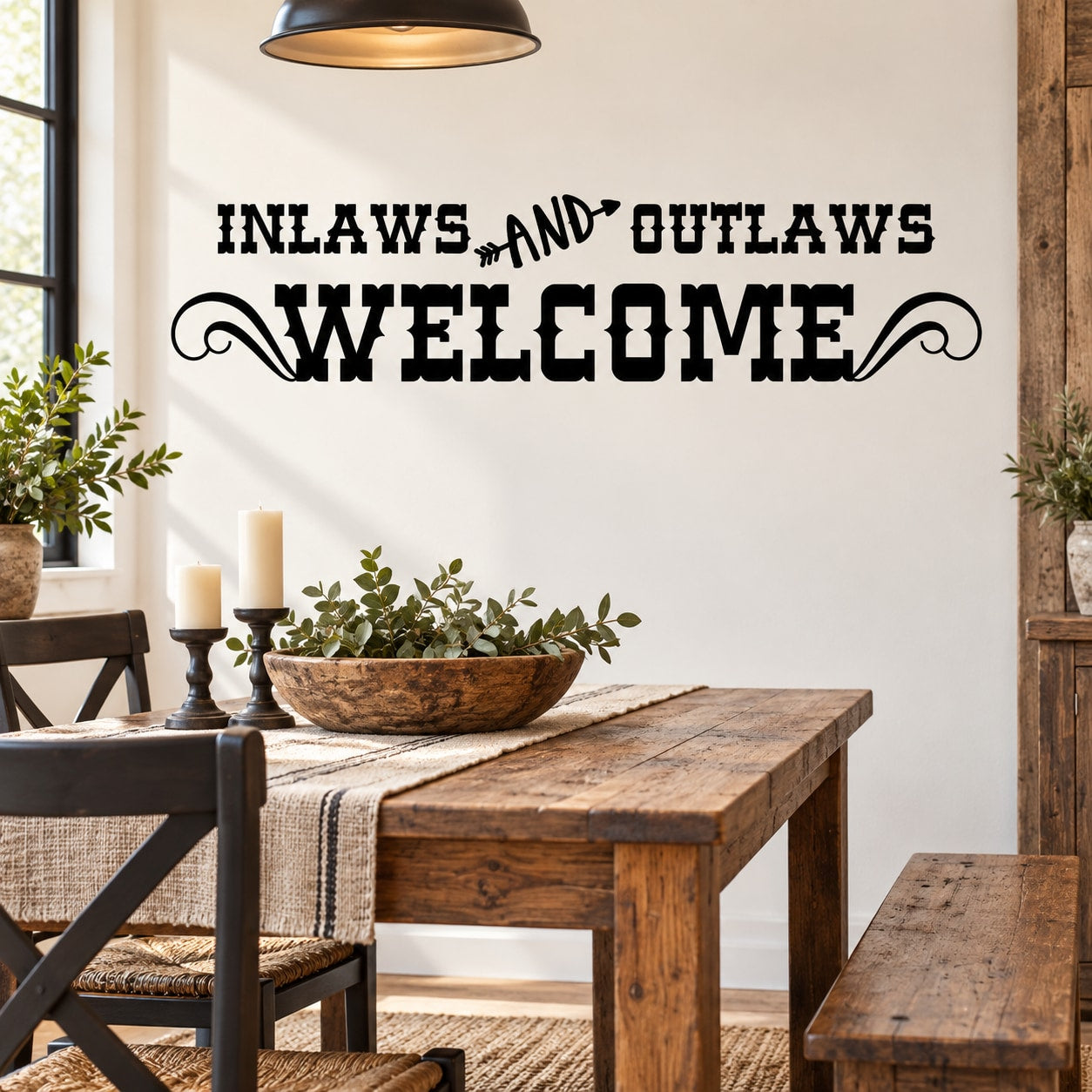 Inlaws and Outlaws Welcome — illustrative vinyl decal application mockup. Surrounding objects are not included.