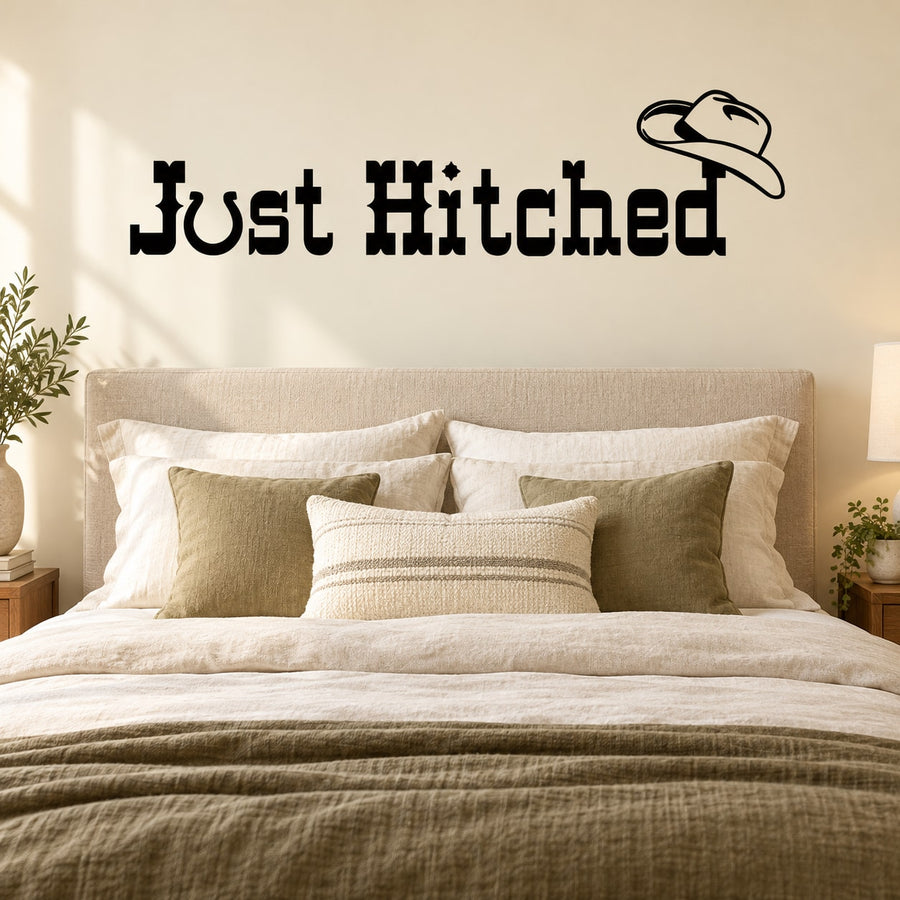 Just Hitched Cowboy Wall Decal — illustrative vinyl decal application mockup. Surrounding objects are not included.