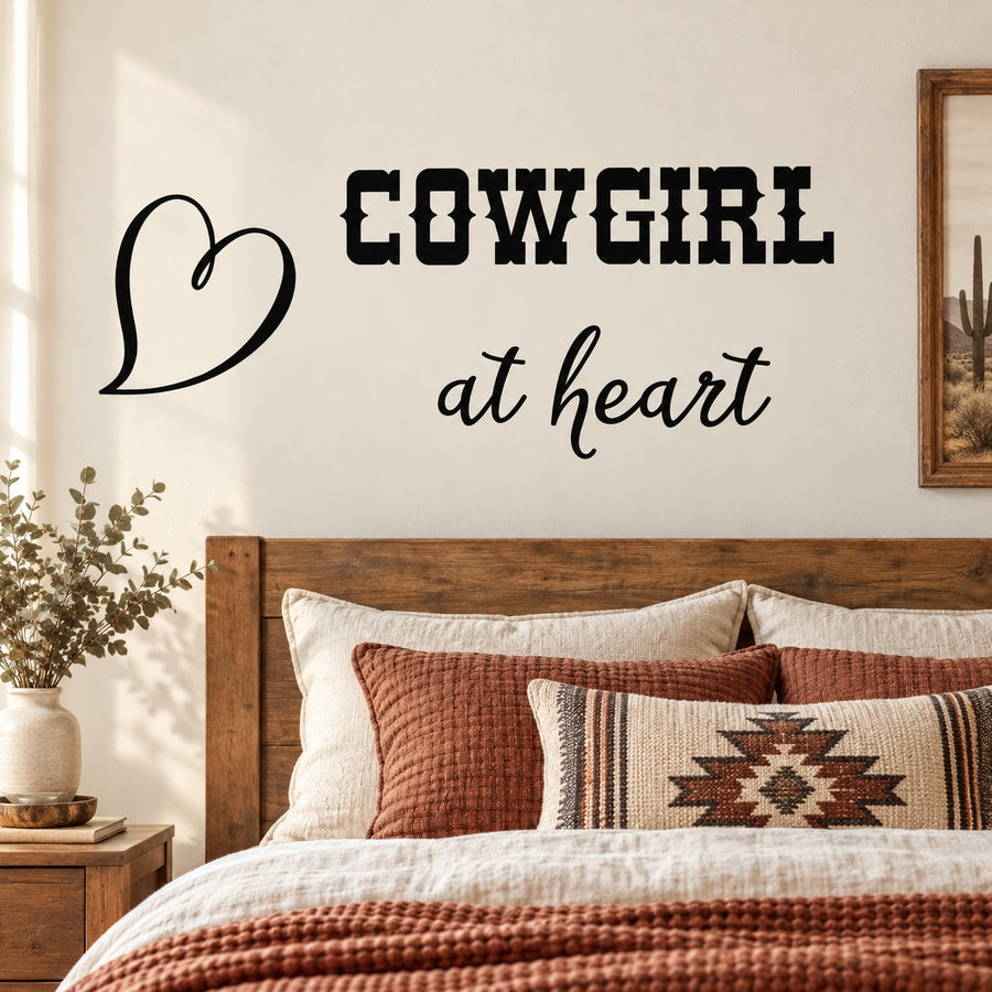 Cowgirl at Heart Wall Decal — illustrative vinyl decal application mockup. Surrounding objects are not included.