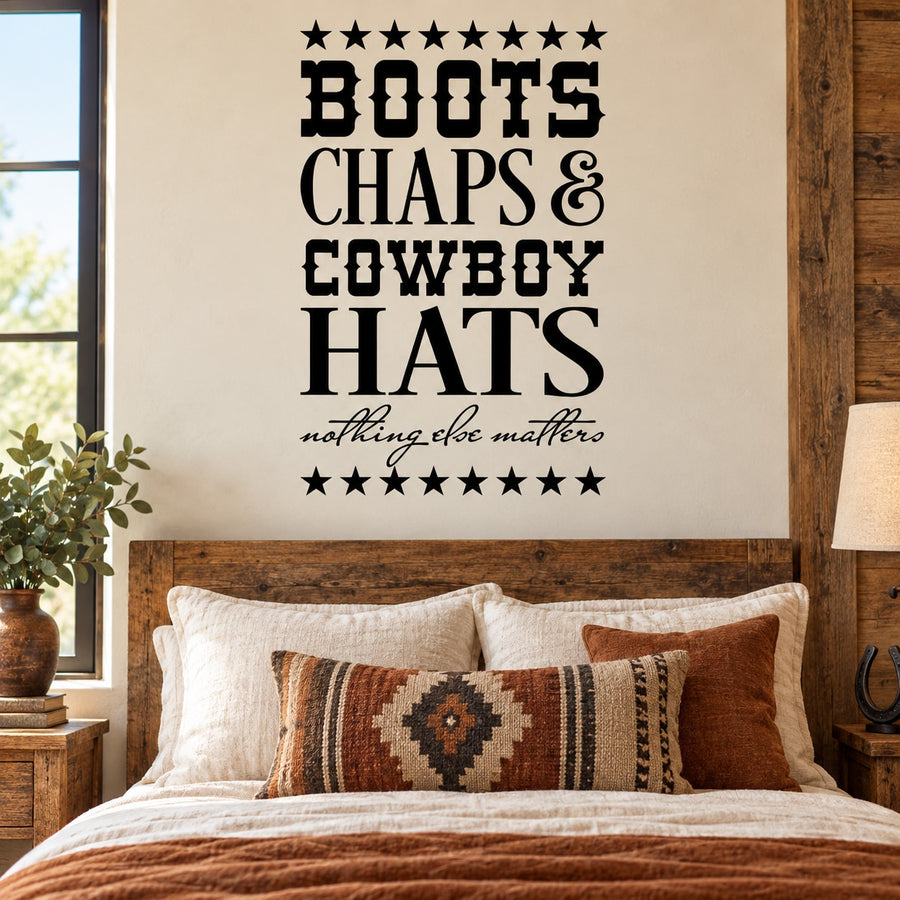 Boots Chaps and Cowboy Hats Wall Decal — illustrative vinyl decal application mockup. Surrounding objects are not included.