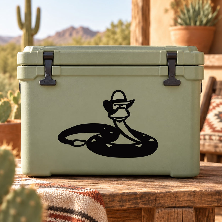 Black cowboy snake decal with wide-brim hat and boots on a light cooler