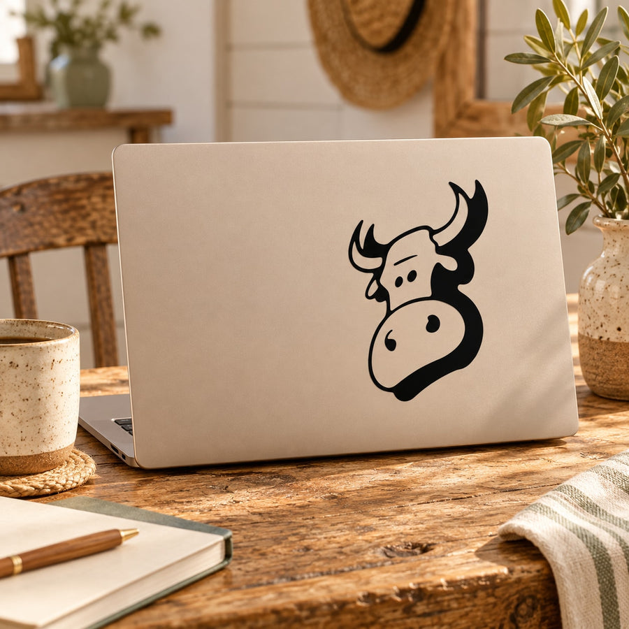 Black cow head decal with sunglasses on light laptop lid