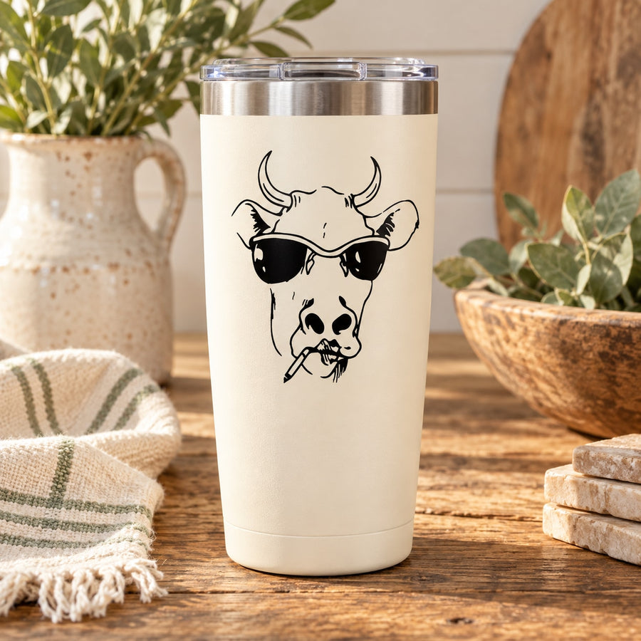 White insulated tumbler with cow skull decal and sunglasses