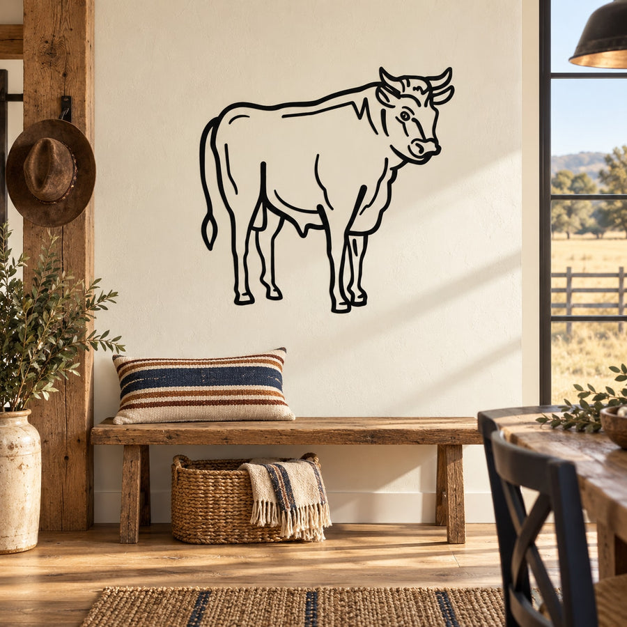 Black line-art bull decal on a wall