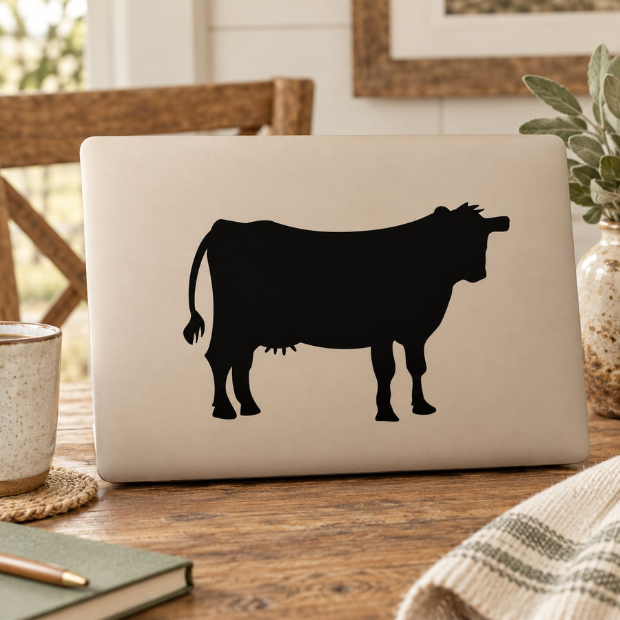 Black cow standing vinyl wall decal with visible udder silhouette