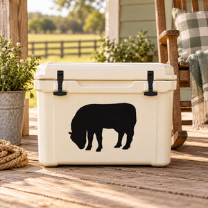 Cow grazing silhouette decal with black cow on white background