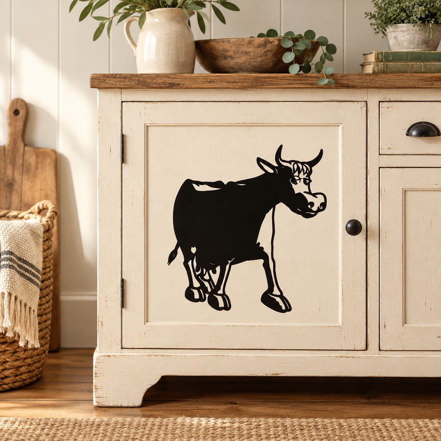 Black cartoon cow walking vinyl wall decal with outlined legs
