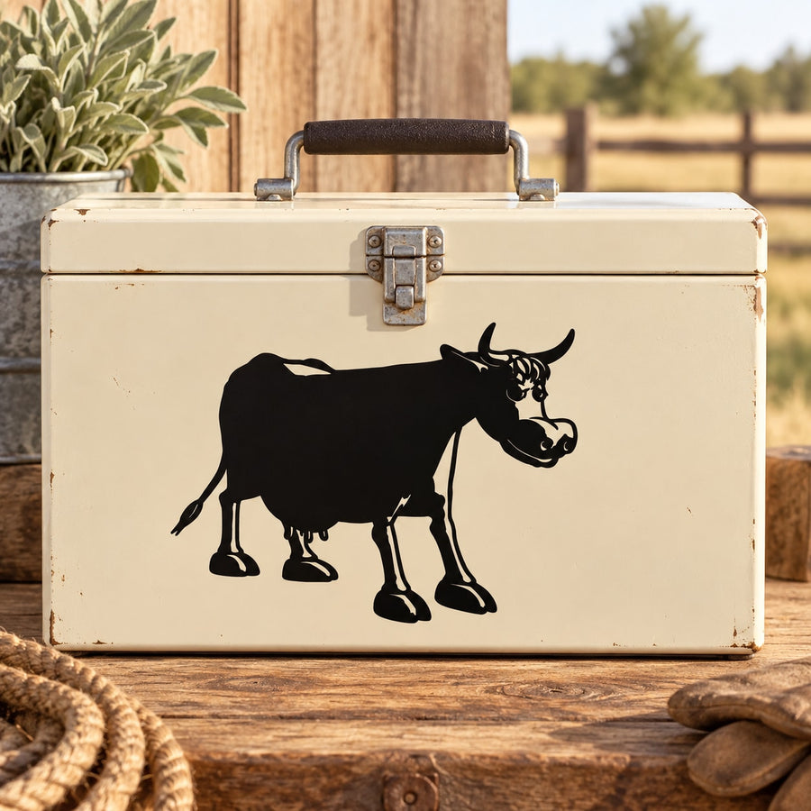 Black cartoon cow cattle decal, posed side profile on a cream background