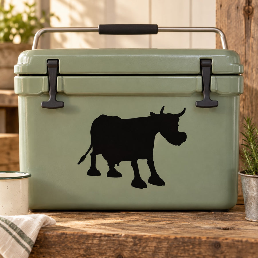 Black cartoon cow silhouette decal on mint-green cooler lid