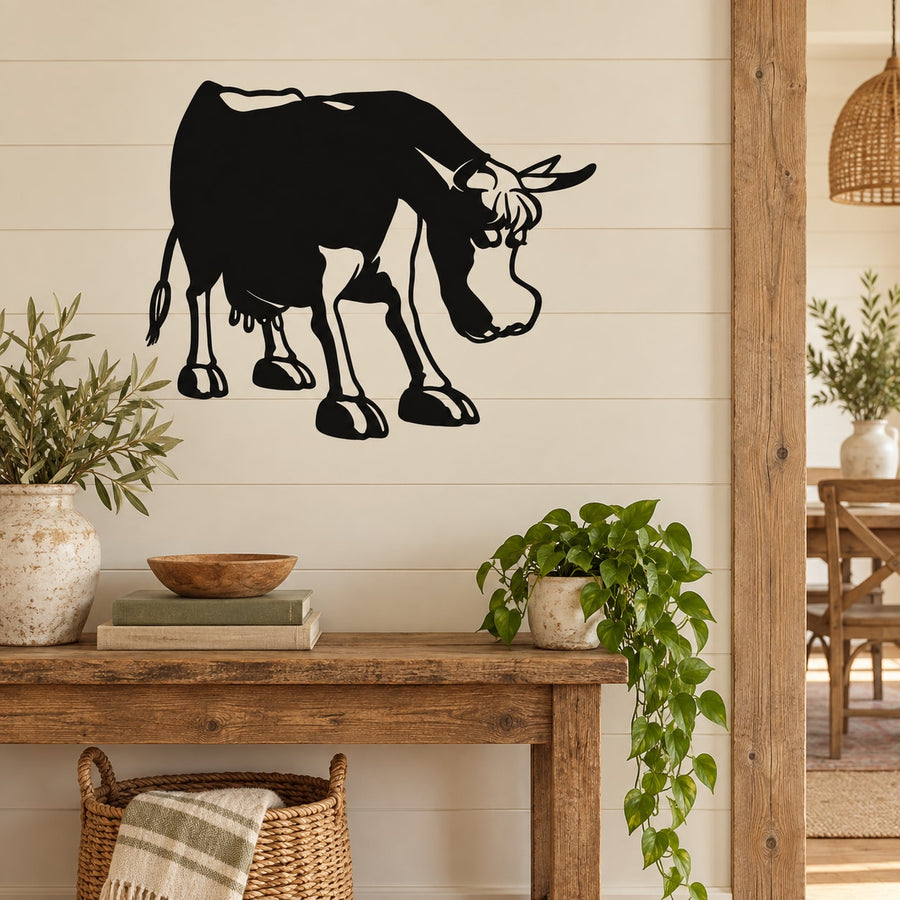 Cartoon black cow cattle wall decal with lowered head and tail