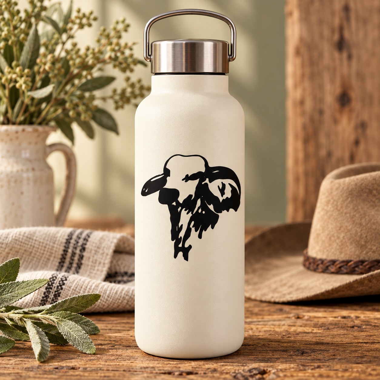 White water bottle with black Holstein cow head decal