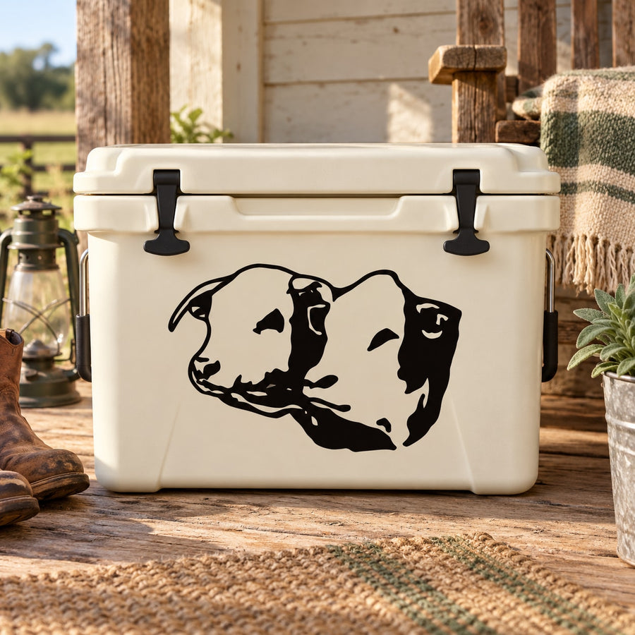 Two cow head decals, black cow faces on white cooler lid