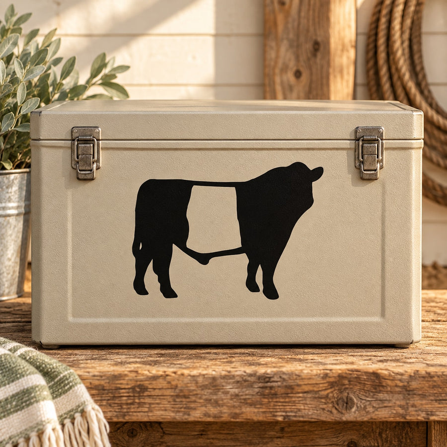 Black cow cattle decal with white belly patch and belt band