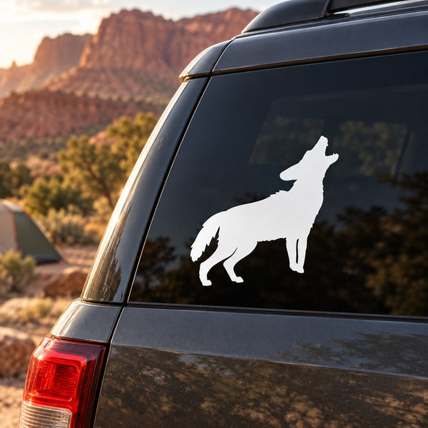 White coyote howling silhouette vinyl decal on car rear window