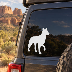 White coyote alert decal silhouette on car window