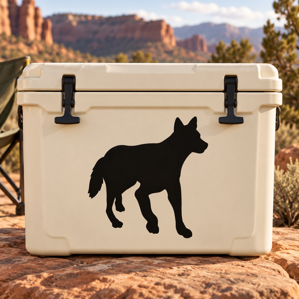 Black walking coyote decal graphic with detailed silhouette on a light cooler