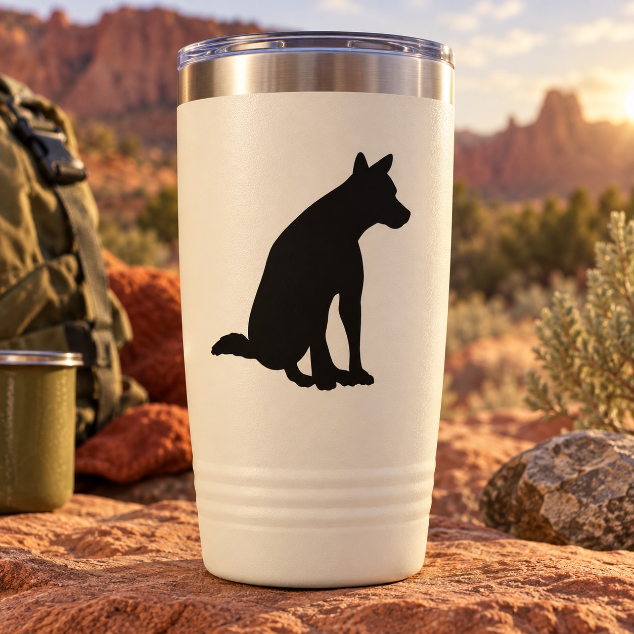 Coyote sitting silhouette decal on white tumbler