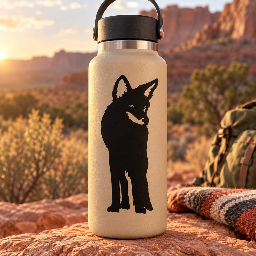 Coyote facing silhouette decal on cream-colored water bottle