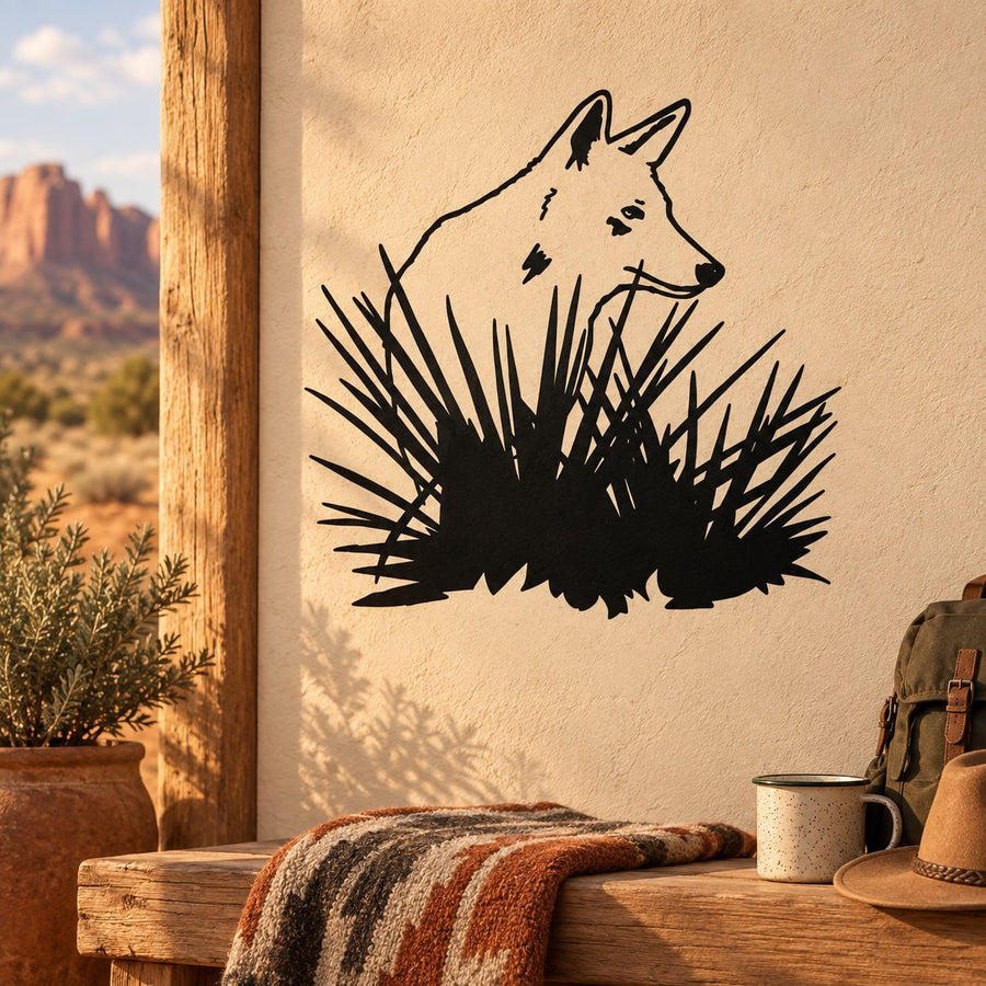 Coyote in bush wall decal with black silhouette and spiky plant design