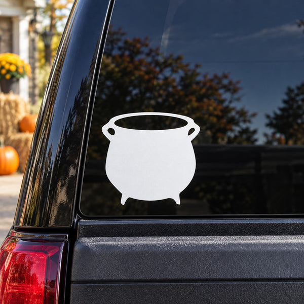 White witches cauldron pot decal with two side handles on dark surface