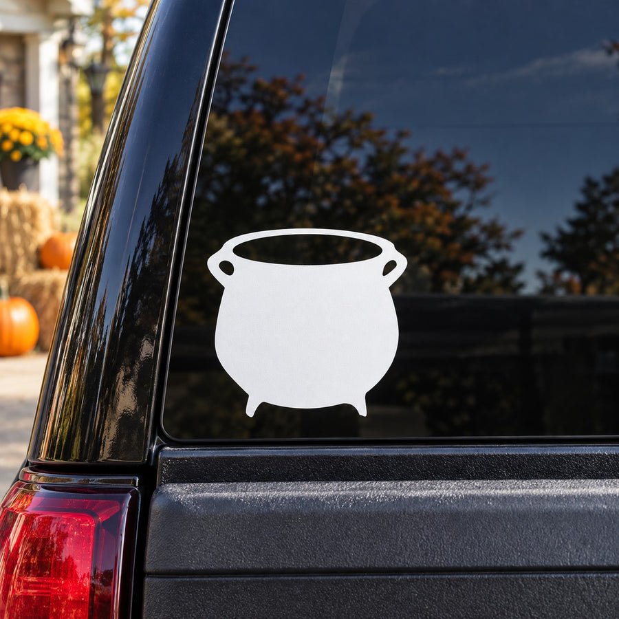 White witches cauldron pot decal with two side handles on dark surface