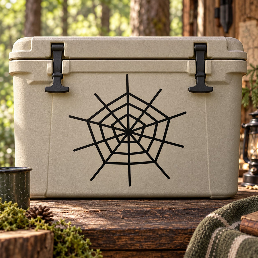 Black spider web hanging decal with web spokes and center spider shape