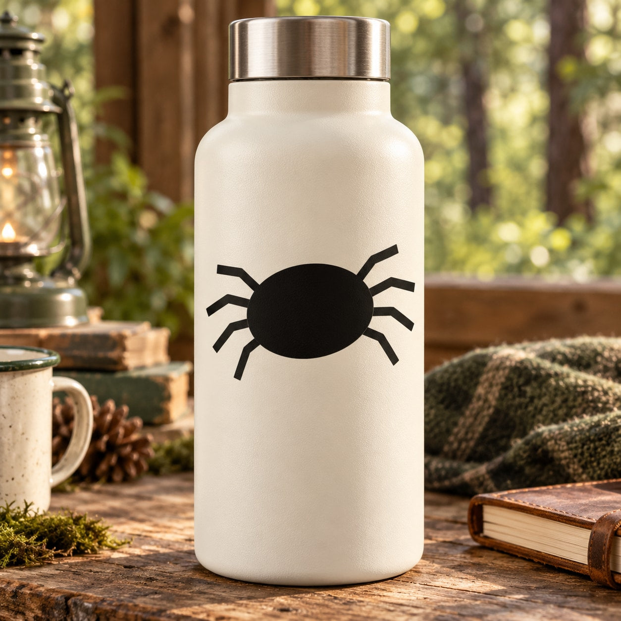 Black spider decal on white bottle, centered on front