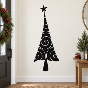 Black curly Christmas tree wall decal with star top