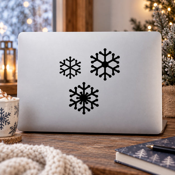 Snowflake Trio Decal — illustrative vinyl decal application mockup. Surrounding objects are not included.