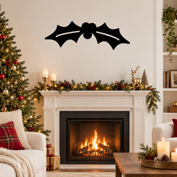 Holly and berries wall decal, black leafy wreath with berries