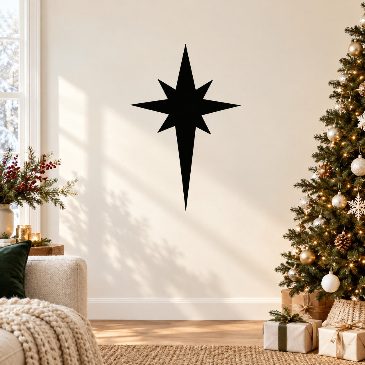 Black Christmas star wall decal with pointed center shape