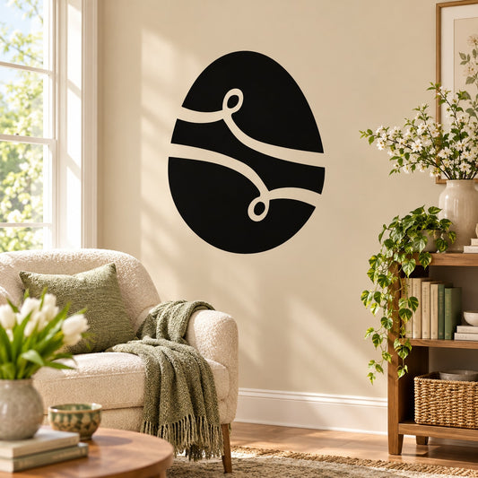Black Easter egg wall decal with ribbon bow and flowing ribbon design