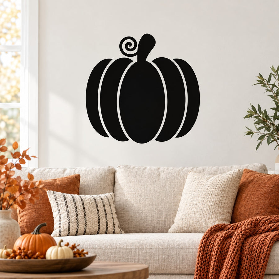 Black pumpkin wall decal with curled vine top and layered gourd outlines