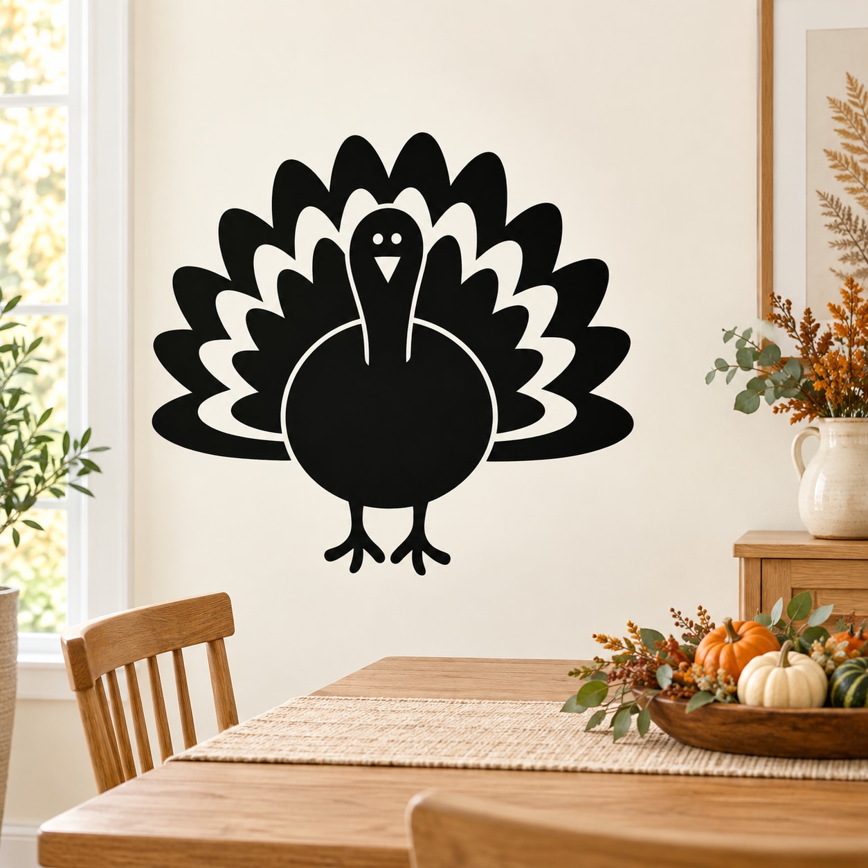 Black cartoon turkey wall decal with rounded tail and beak