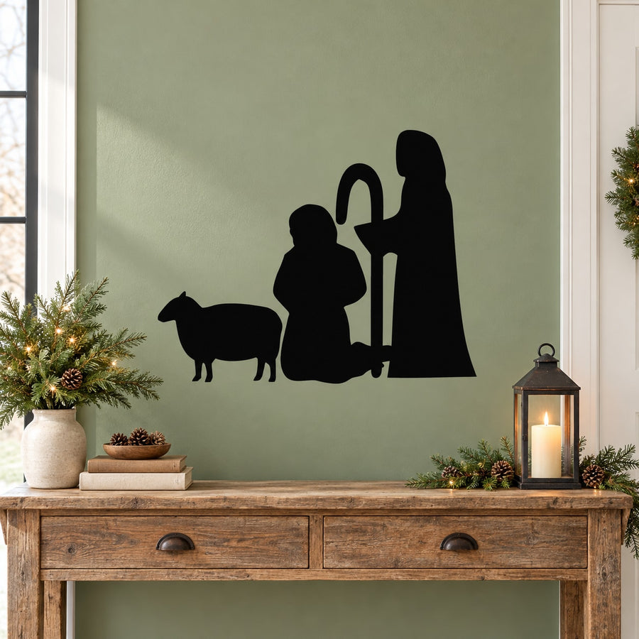 Black shepherd and sheep silhouette wall decal